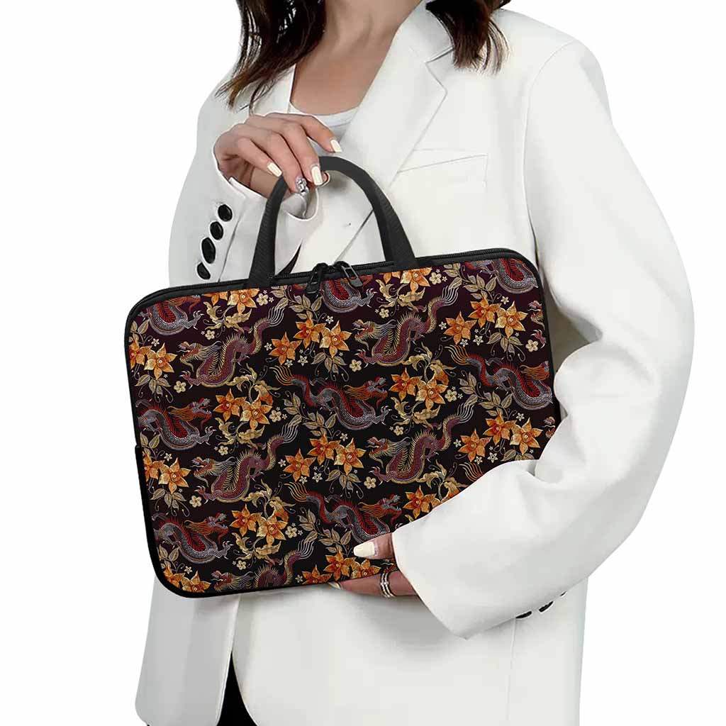Vintage Dragon Flower Pattern Print Laptop Sleeve With Handle