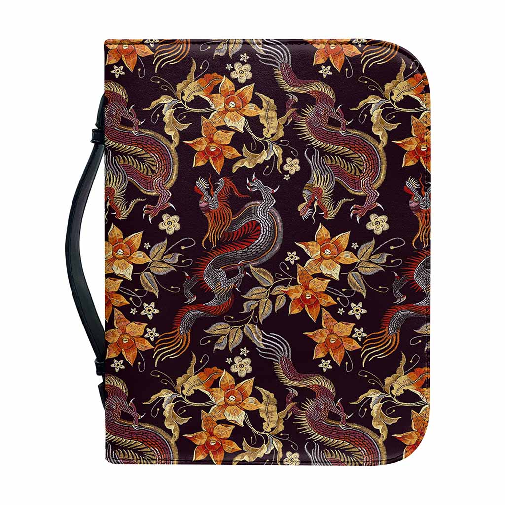 Vintage Dragon Flower Pattern Print Leather Bible Cover
