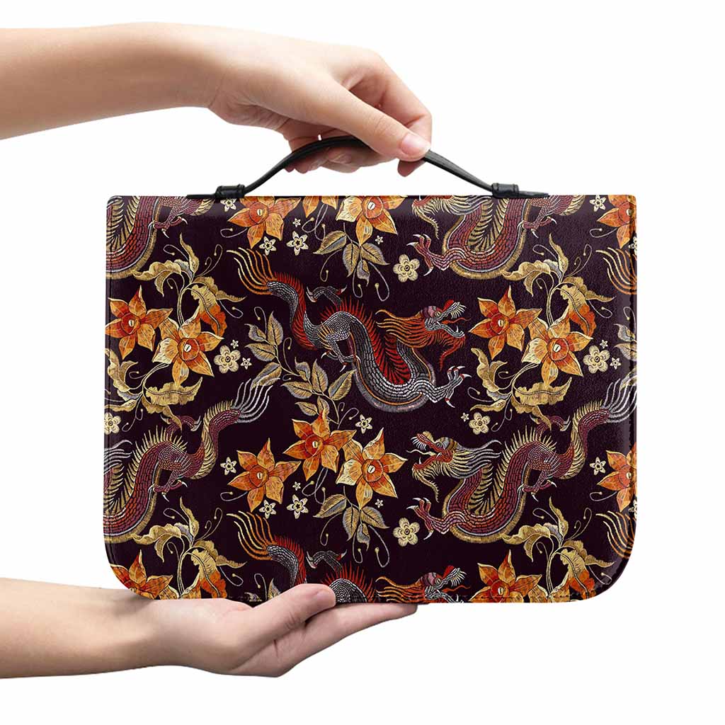 Vintage Dragon Flower Pattern Print Leather Bible Cover