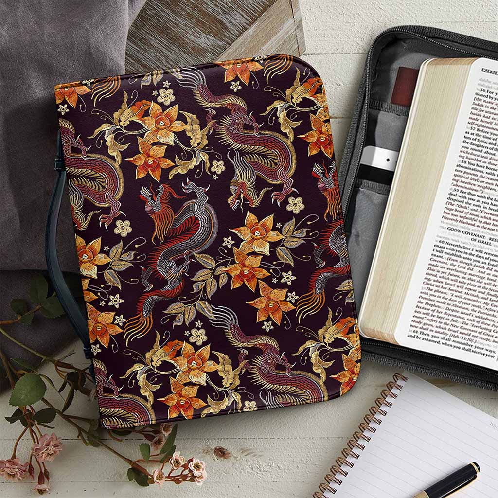 Vintage Dragon Flower Pattern Print Leather Bible Cover