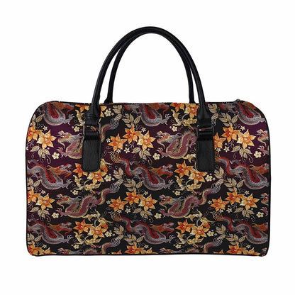Vintage Dragon Flower Pattern Print Leather Duffle Bag
