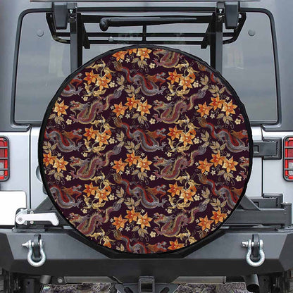 Vintage Dragon Flower Pattern Print Leather Spare Tire Cover