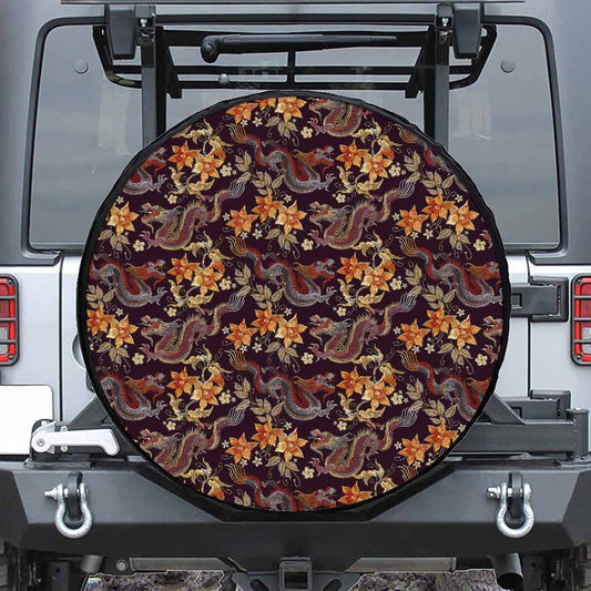 Vintage Dragon Flower Pattern Print Leather Spare Tire Cover