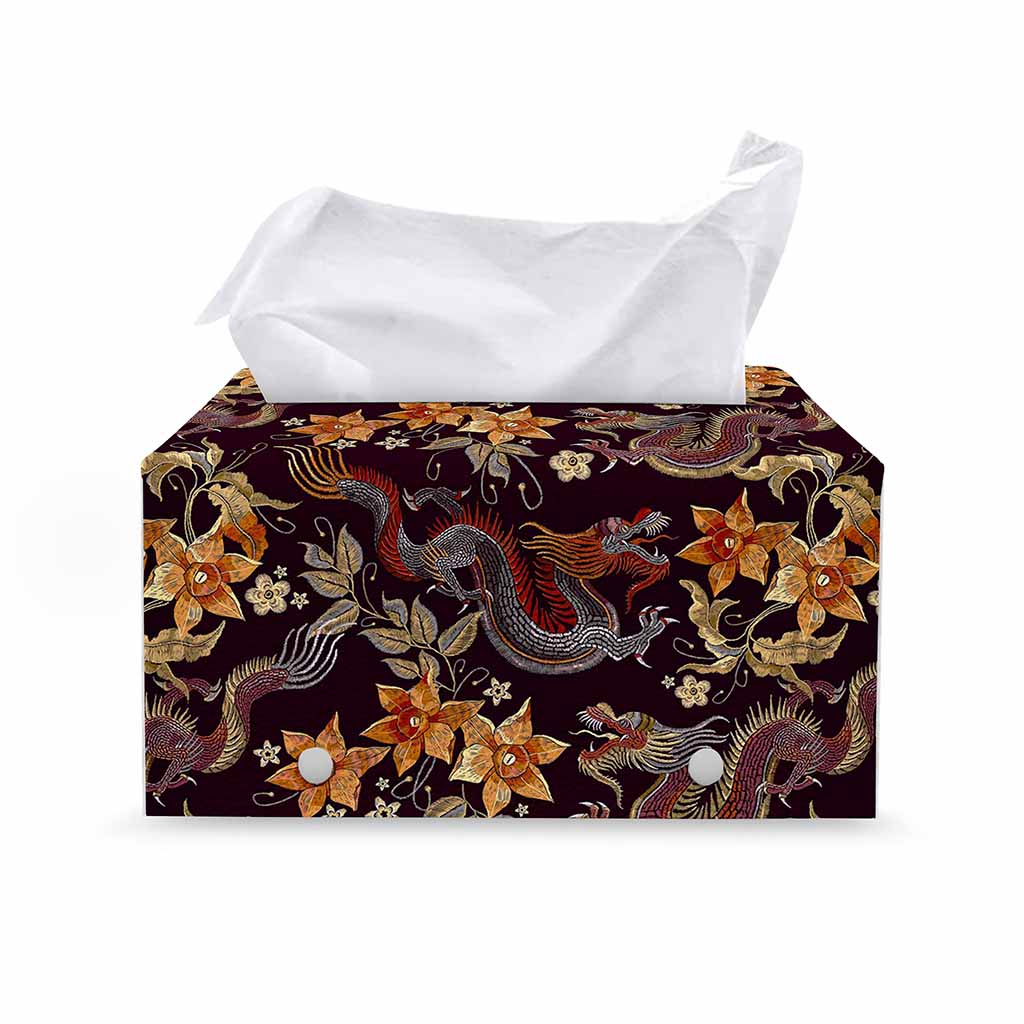 Vintage Dragon Flower Pattern Print Leather Tissue Box Cover