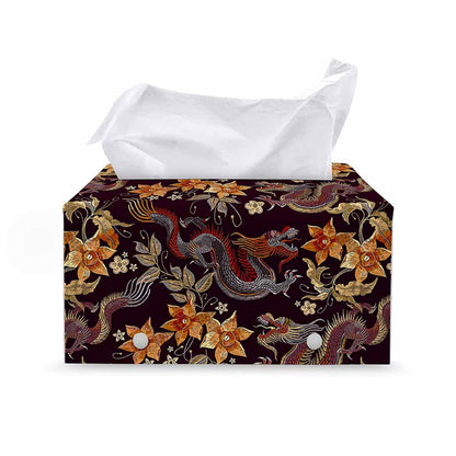Vintage Dragon Flower Pattern Print Leather Tissue Box Cover