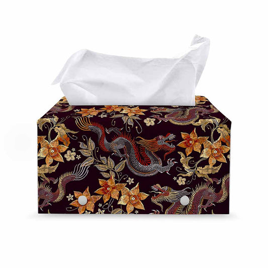 Vintage Dragon Flower Pattern Print Leather Tissue Box Cover