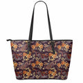 Vintage Dragon Flower Pattern Print Leather Tote Bag With Zipper