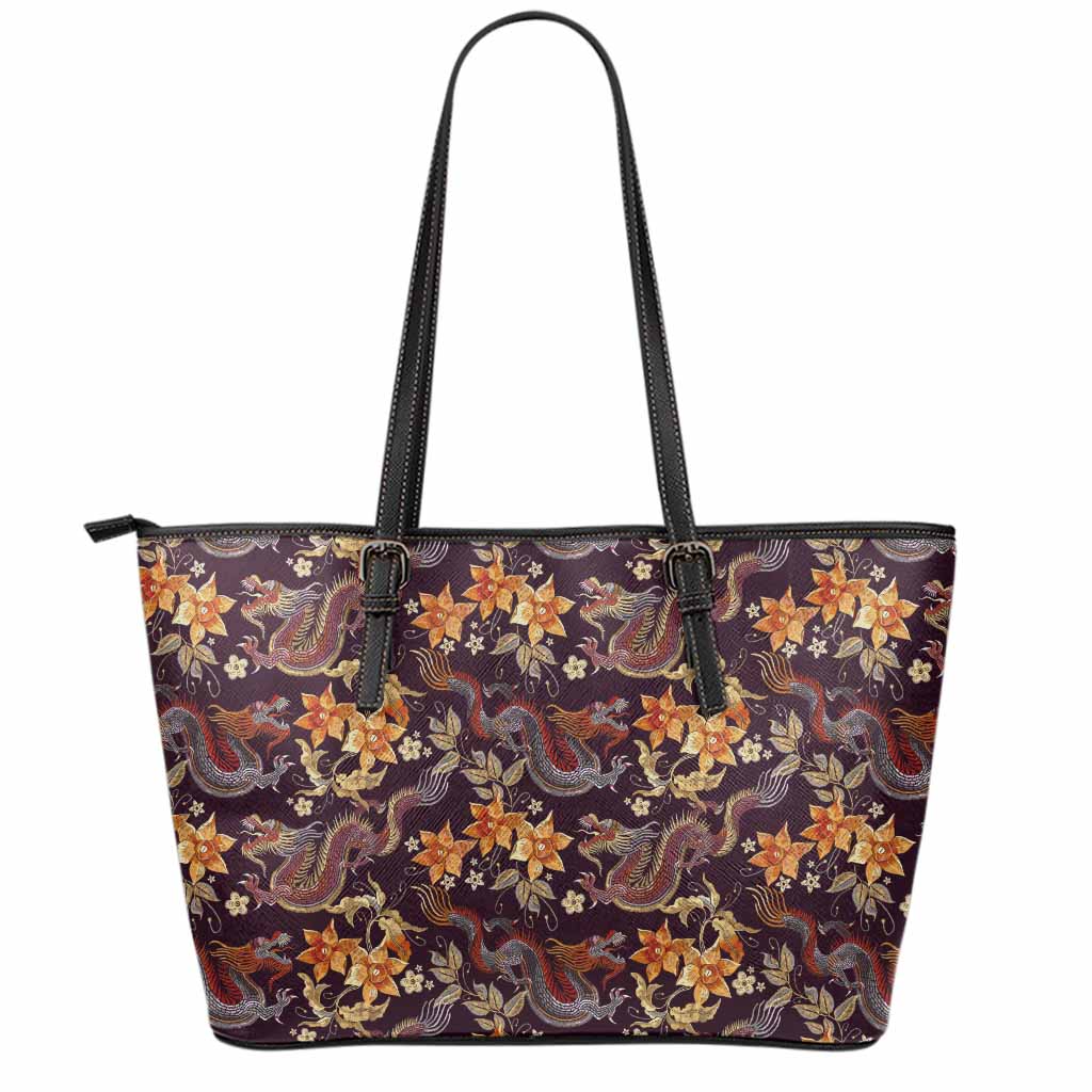Vintage Dragon Flower Pattern Print Leather Tote Bag