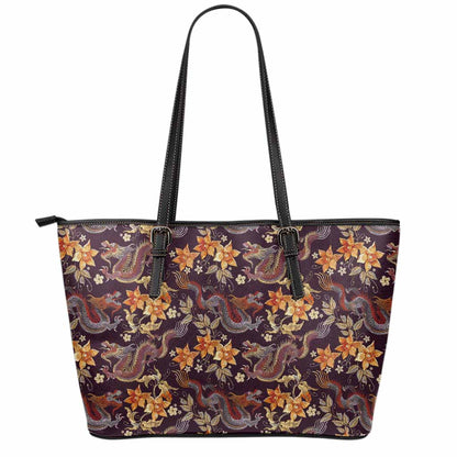 Vintage Dragon Flower Pattern Print Leather Tote Bag
