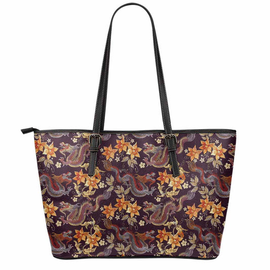 Vintage Dragon Flower Pattern Print Leather Tote Bag