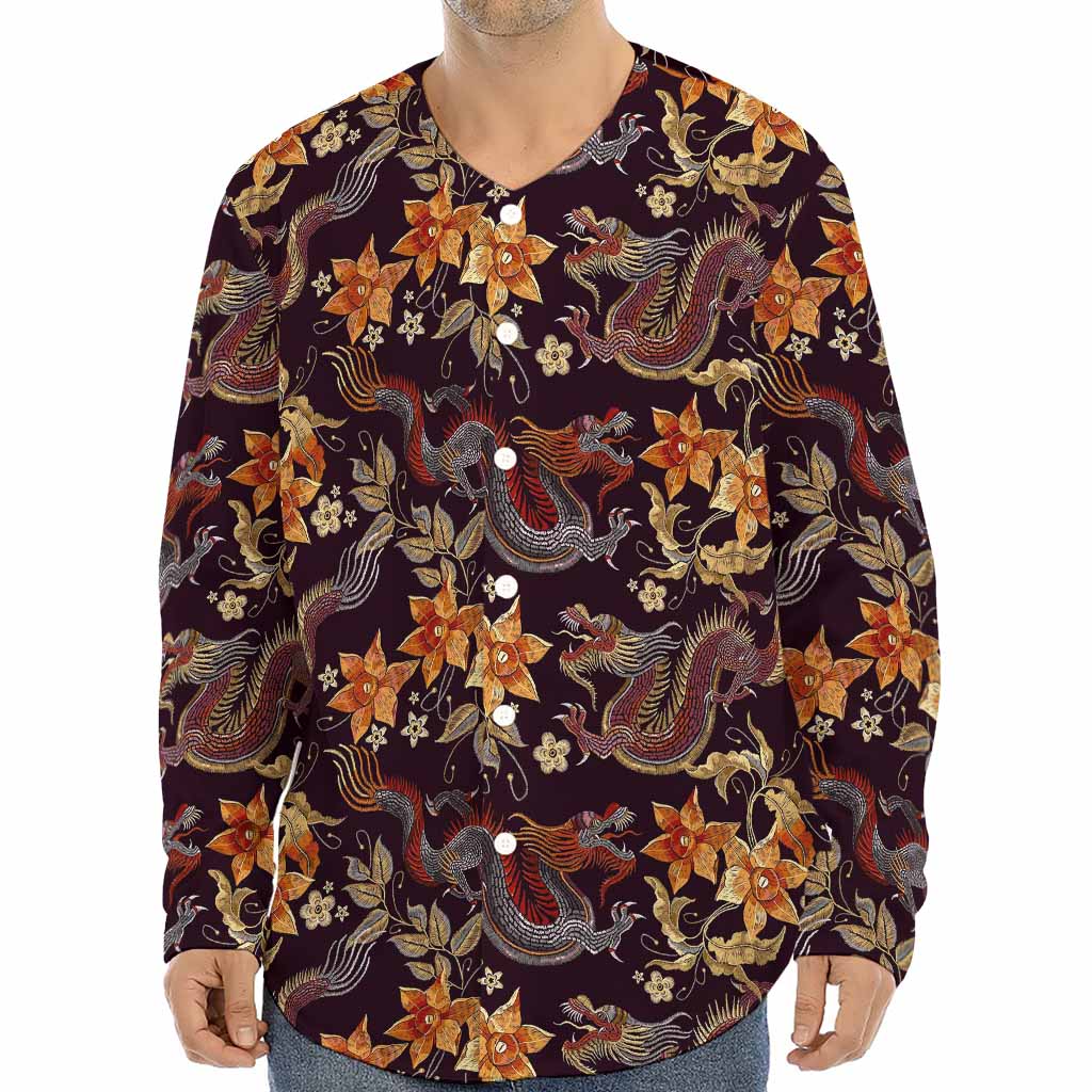 Vintage Dragon Flower Pattern Print Long Sleeve Baseball Jersey