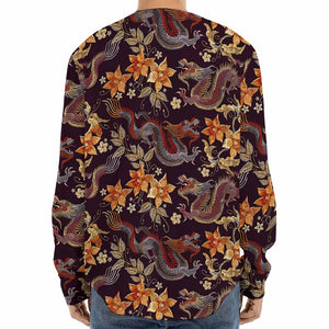 Vintage Dragon Flower Pattern Print Long Sleeve Baseball Jersey