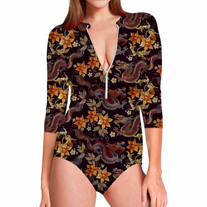 Vintage Dragon Flower Pattern Print Long Sleeve Swimsuit