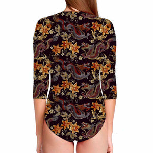 Vintage Dragon Flower Pattern Print Long Sleeve Swimsuit