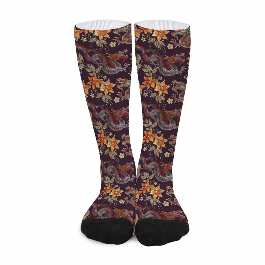 Vintage Dragon Flower Pattern Print Long Socks