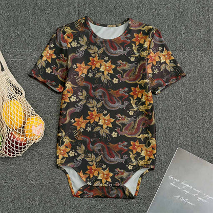 Vintage Dragon Flower Pattern Print Men's Bodysuit