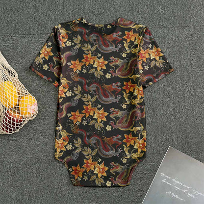 Vintage Dragon Flower Pattern Print Men's Bodysuit