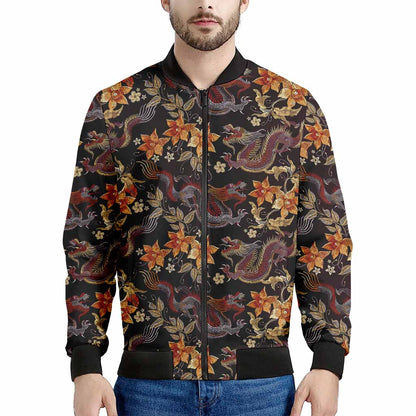 Vintage Dragon Flower Pattern Print Men's Bomber Jacket