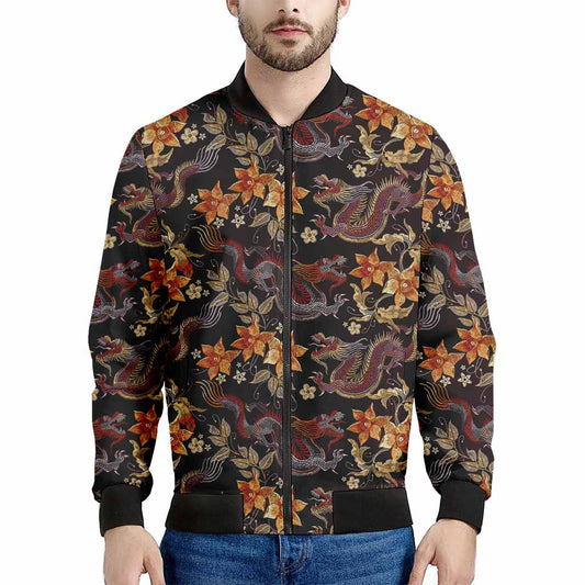 Vintage Dragon Flower Pattern Print Men's Bomber Jacket