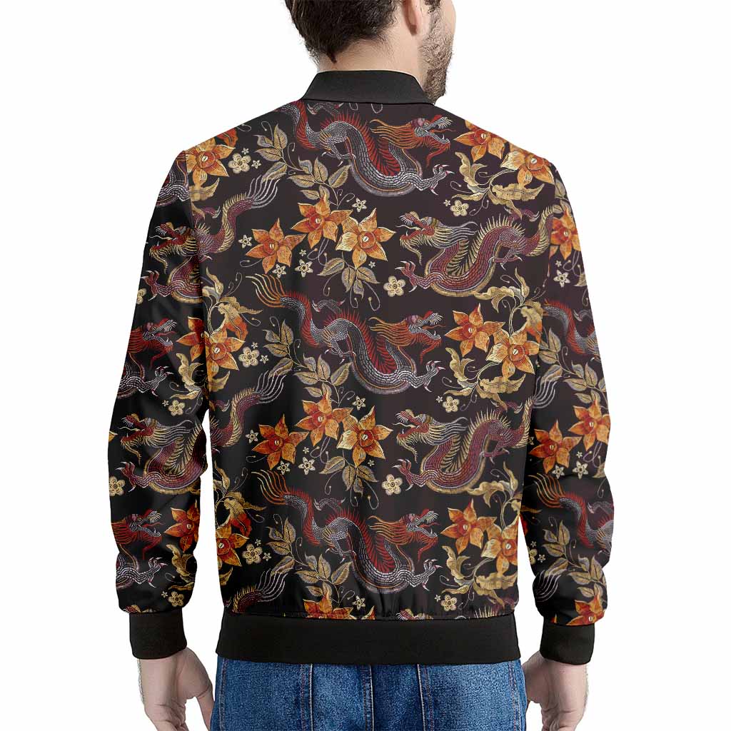 Vintage Dragon Flower Pattern Print Men's Bomber Jacket