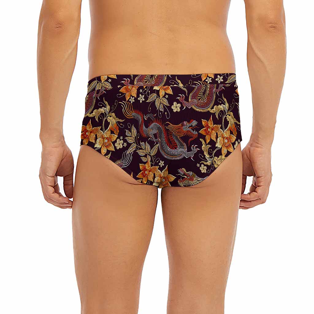 Vintage Dragon Flower Pattern Print Men's Briefs