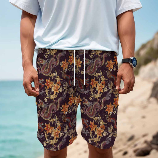 Vintage Dragon Flower Pattern Print Men's Cargo Shorts