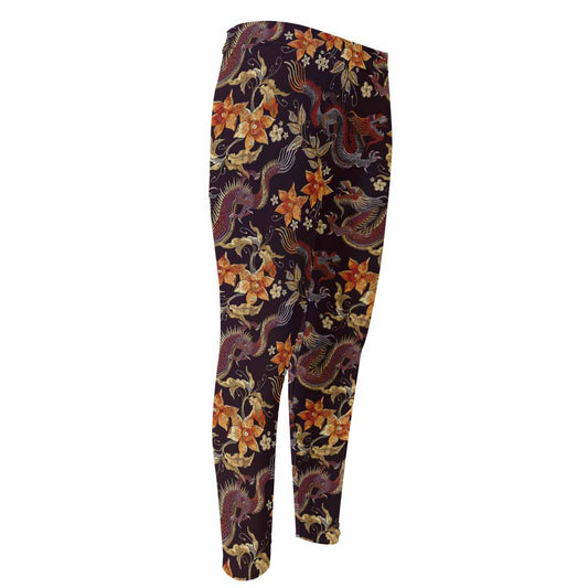 Vintage Dragon Flower Pattern Print Men's Compression Pants