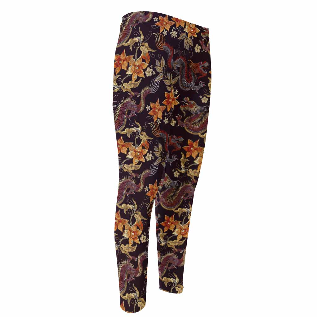 Vintage Dragon Flower Pattern Print Men's Compression Pants