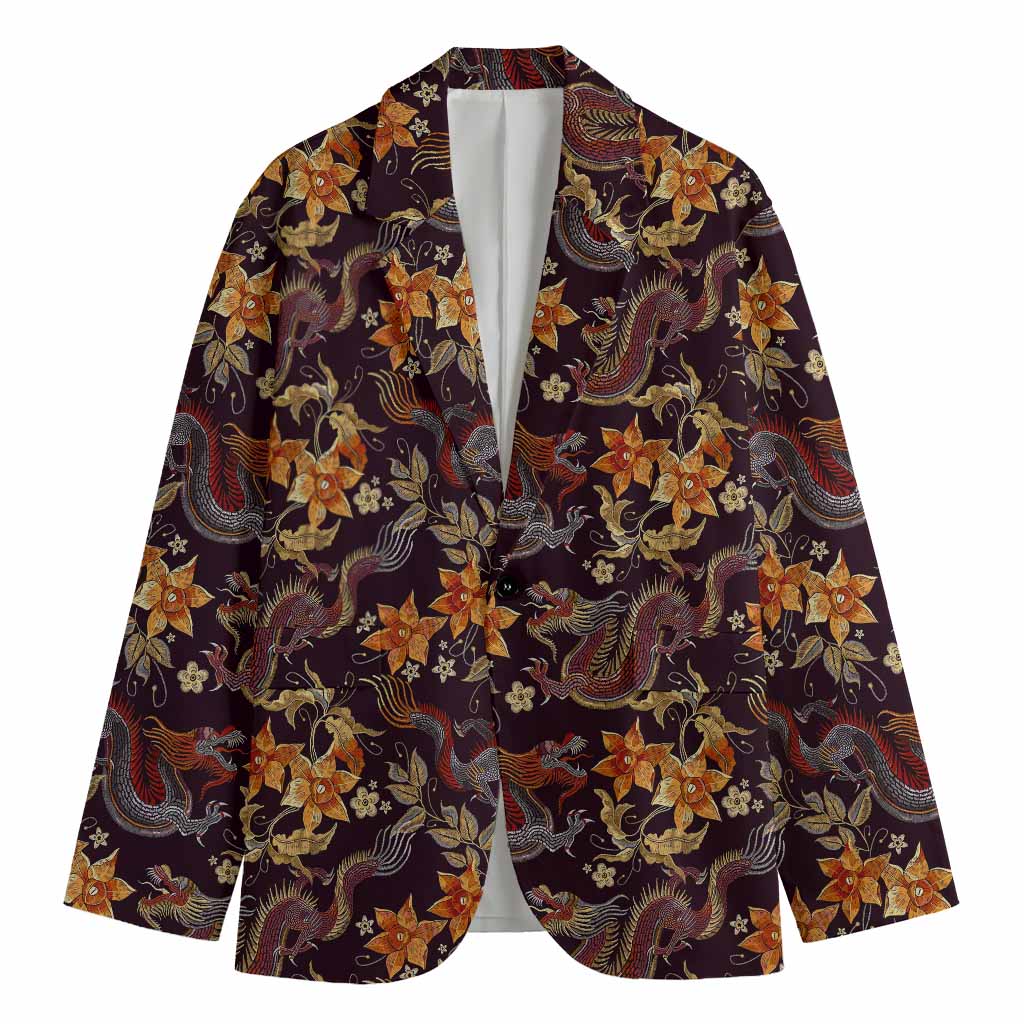 Vintage Dragon Flower Pattern Print Men's Cotton Blazer