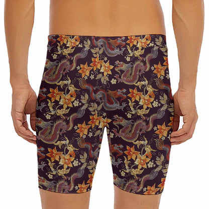 Vintage Dragon Flower Pattern Print Men's Long Boxer Briefs