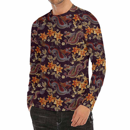 Vintage Dragon Flower Pattern Print Men's Long Sleeve Rash Guard