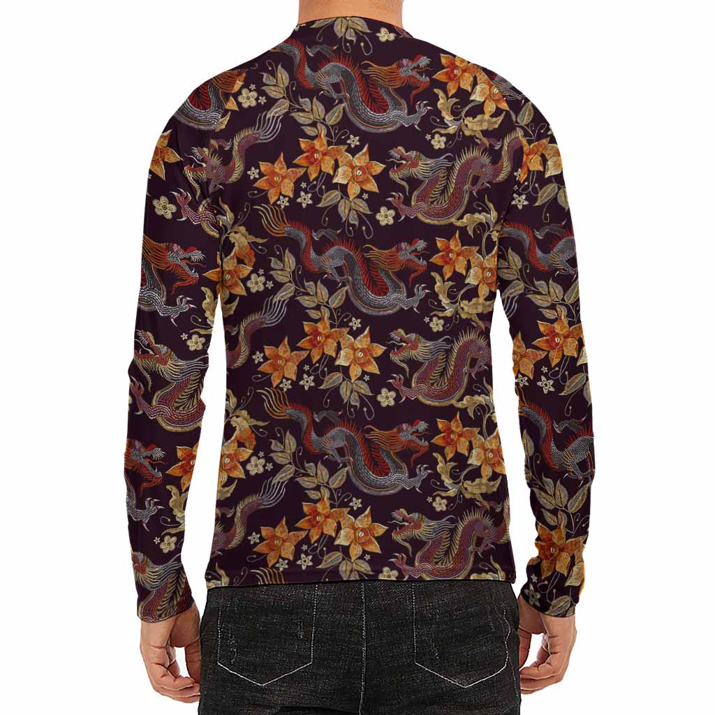 Vintage Dragon Flower Pattern Print Men's Long Sleeve Rash Guard