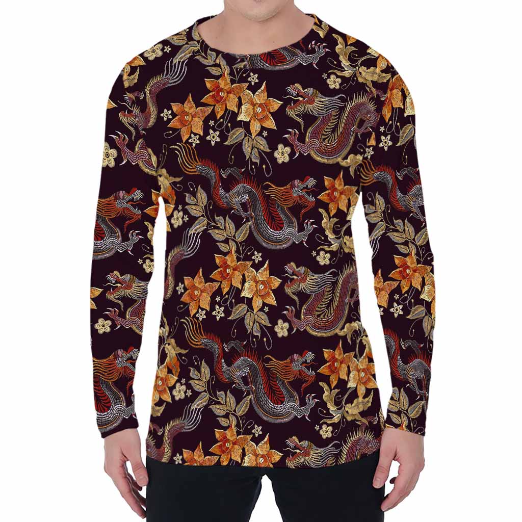 Vintage Dragon Flower Pattern Print Men's Long Sleeve T-Shirt