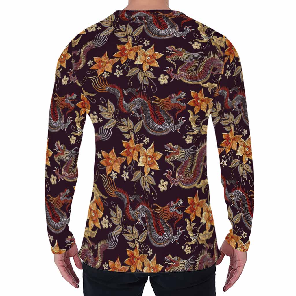 Vintage Dragon Flower Pattern Print Men's Long Sleeve T-Shirt