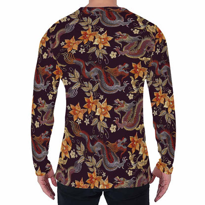 Vintage Dragon Flower Pattern Print Men's Long Sleeve T-Shirt