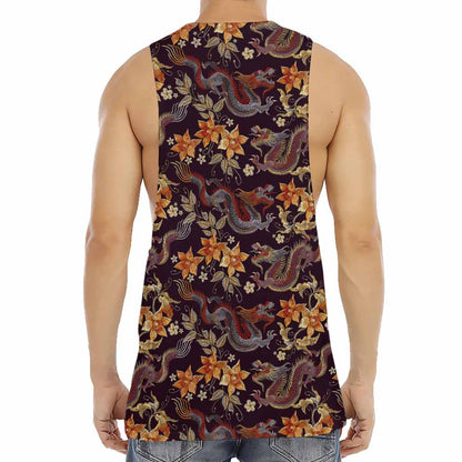 Vintage Dragon Flower Pattern Print Men's Muscle Tank Top