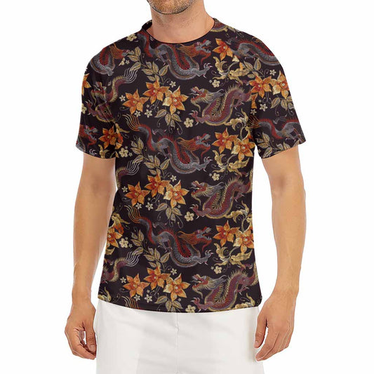 Vintage Dragon Flower Pattern Print Men's Short Sleeve Rash Guard