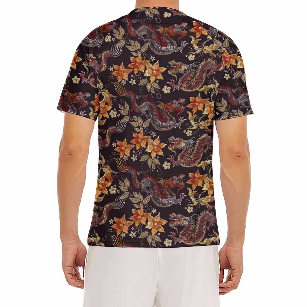 Vintage Dragon Flower Pattern Print Men's Short Sleeve Rash Guard