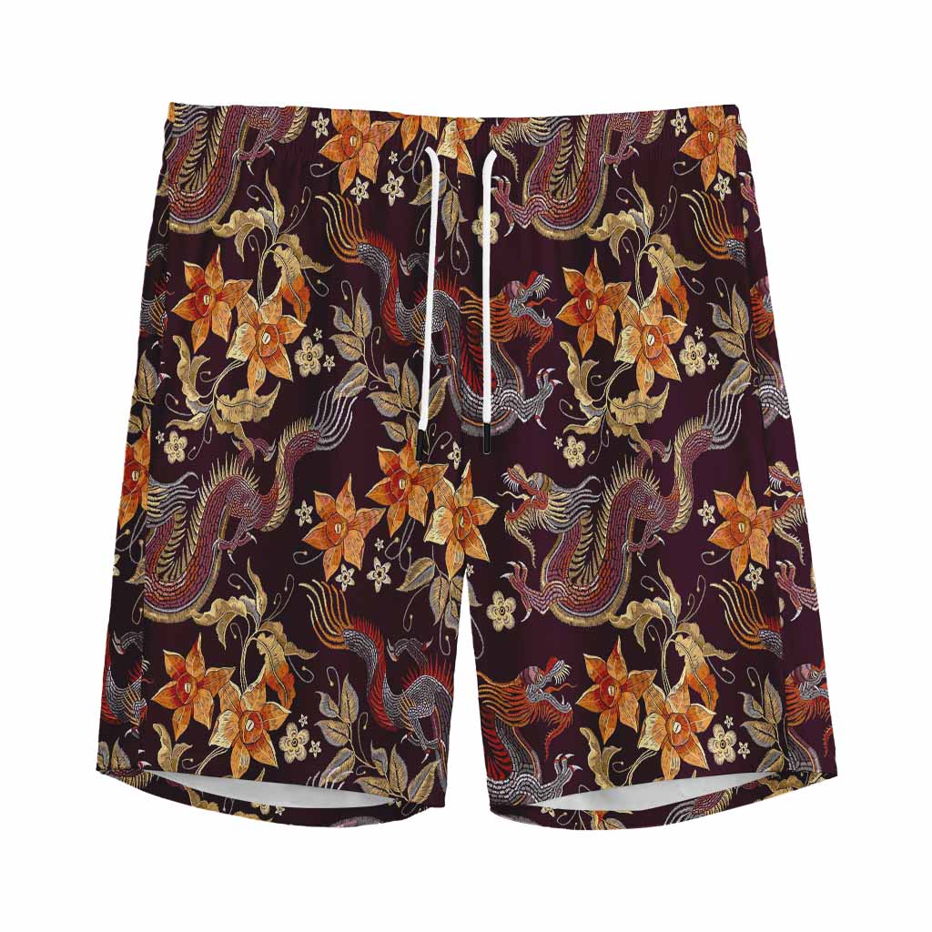 Vintage Dragon Flower Pattern Print Men's Sports Shorts