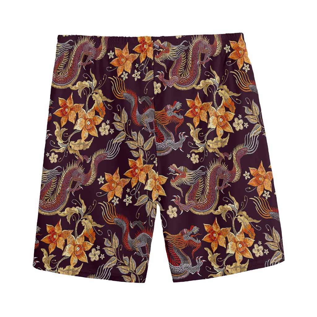 Vintage Dragon Flower Pattern Print Men's Sports Shorts
