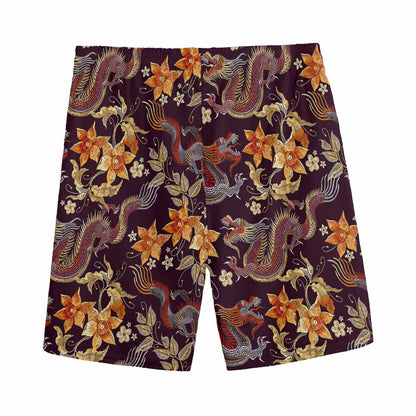 Vintage Dragon Flower Pattern Print Men's Sports Shorts