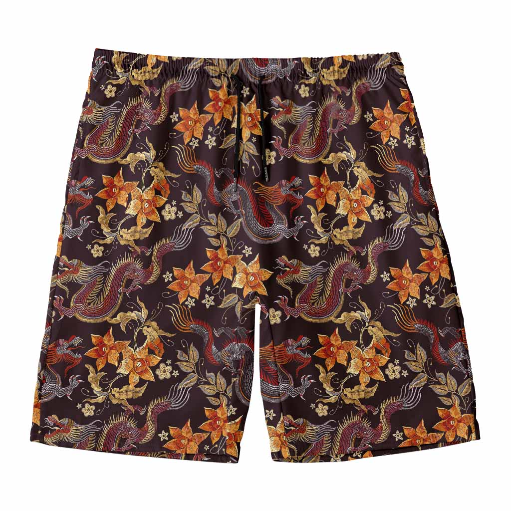 Vintage Dragon Flower Pattern Print Men's Swim Trunks
