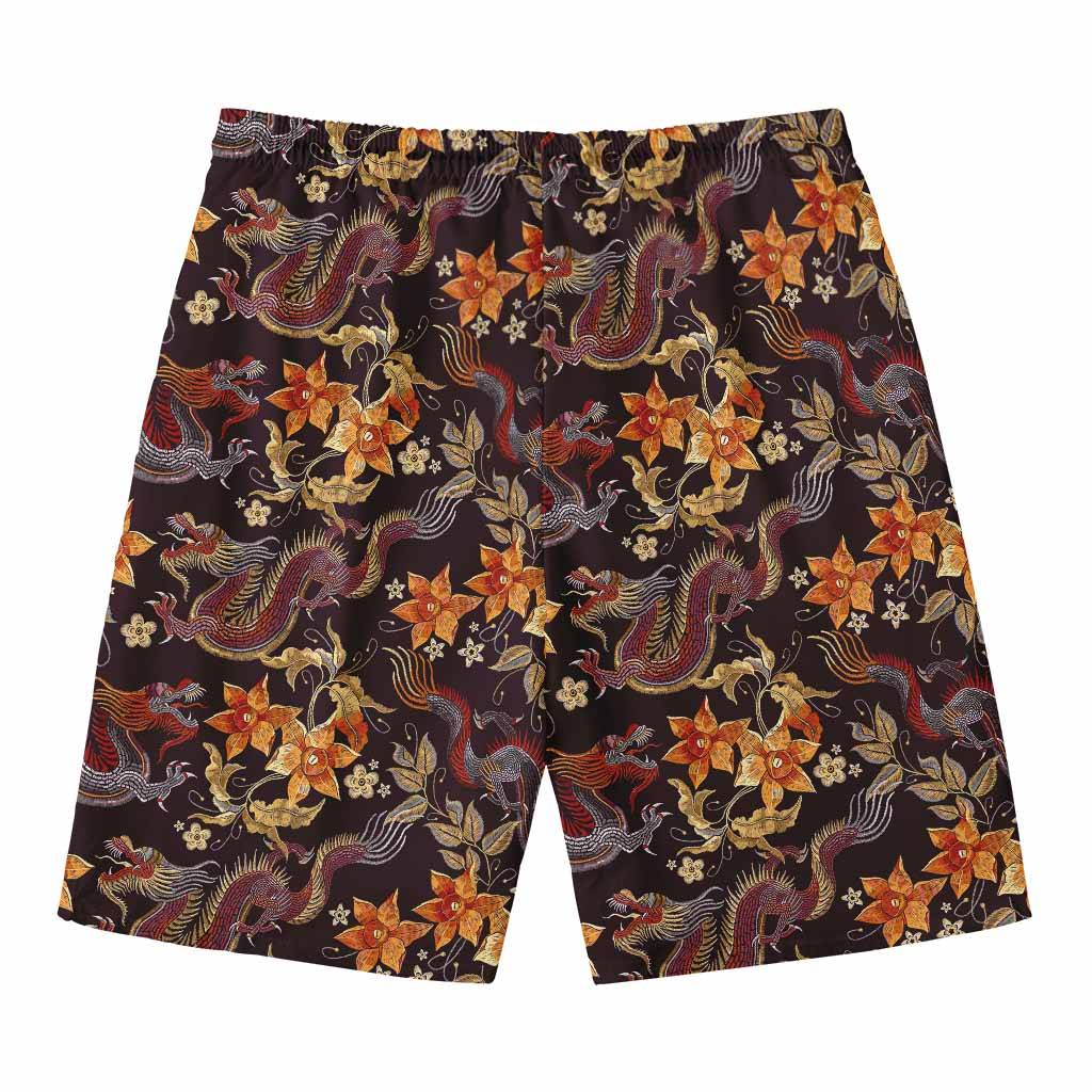 Vintage Dragon Flower Pattern Print Men's Swim Trunks