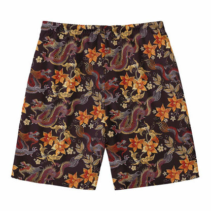 Vintage Dragon Flower Pattern Print Men's Swim Trunks