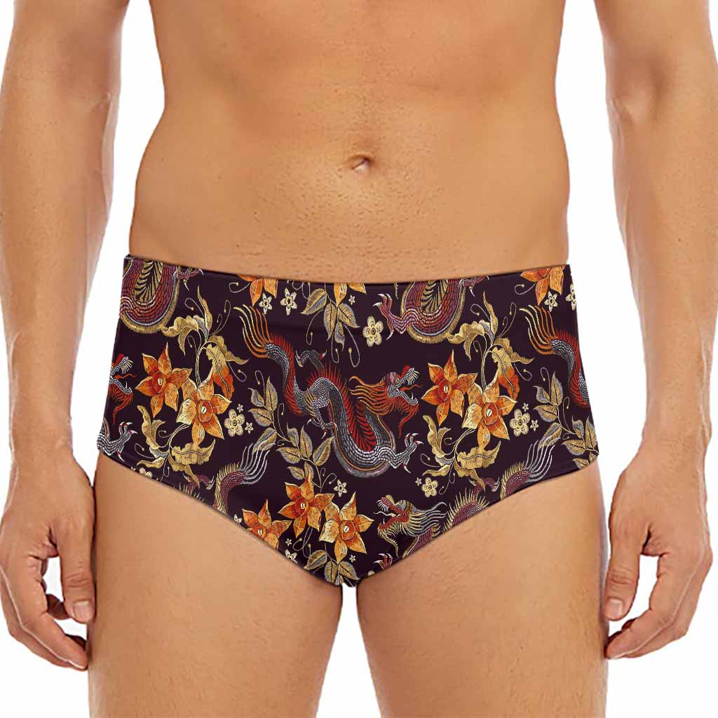 Vintage Dragon Flower Pattern Print Men's Triangle Swim Briefs
