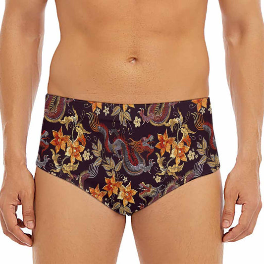 Vintage Dragon Flower Pattern Print Men's Triangle Swim Briefs