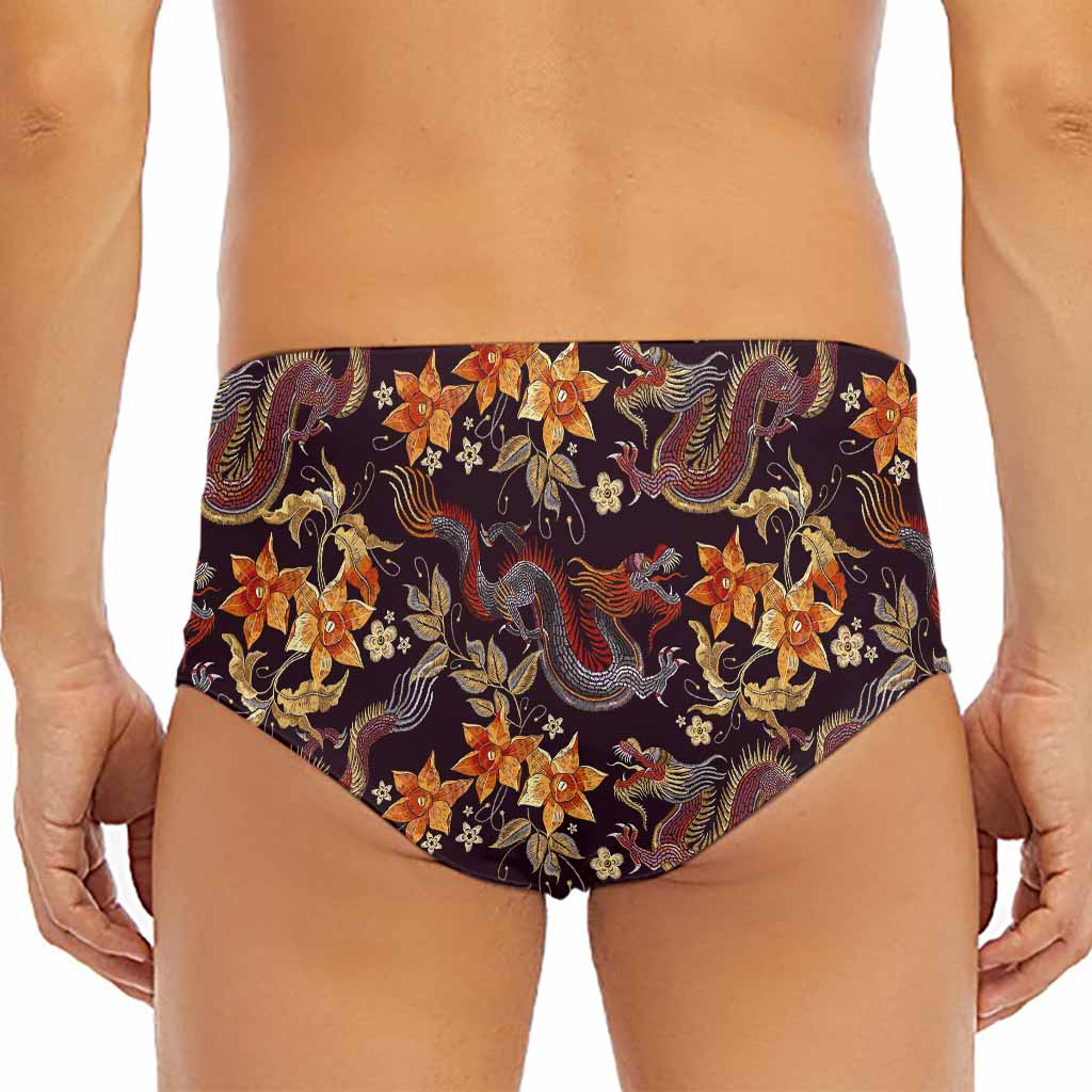 Vintage Dragon Flower Pattern Print Men's Triangle Swim Briefs