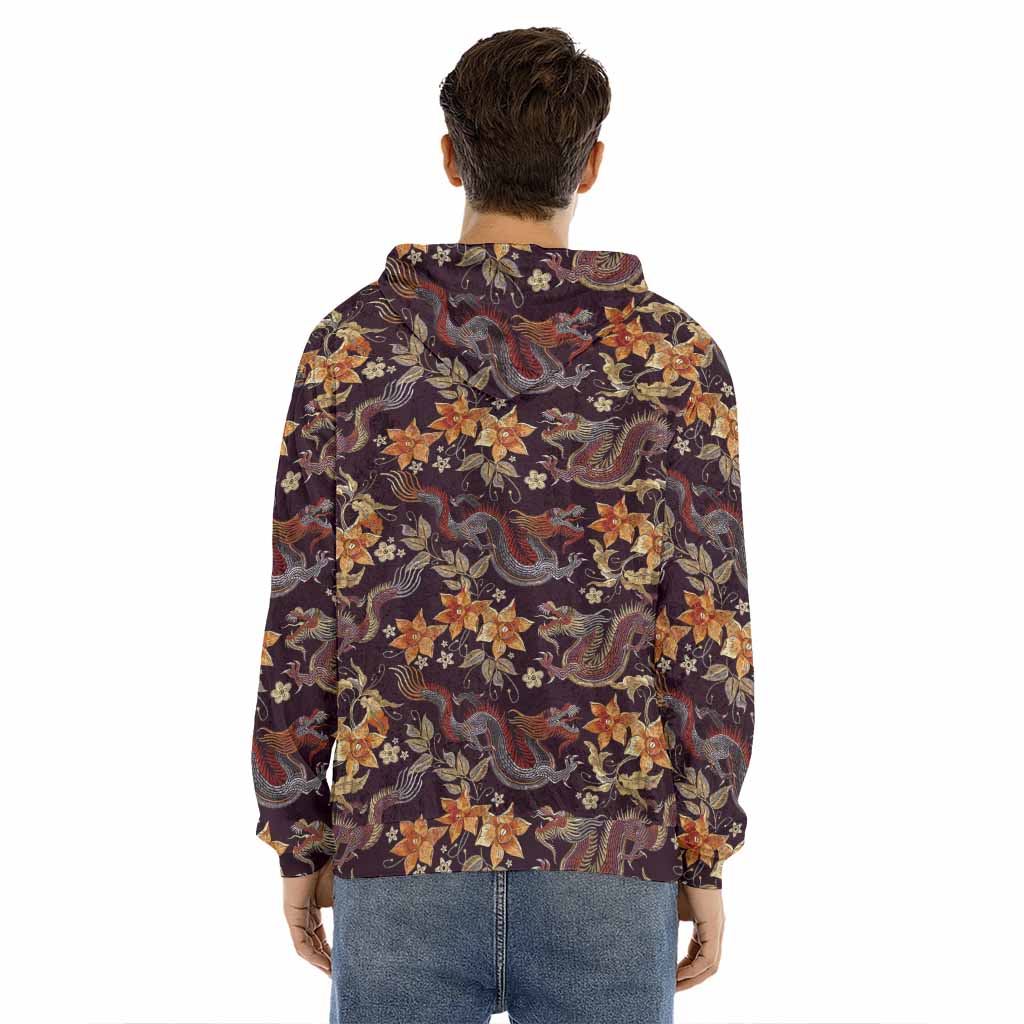 Vintage Dragon Flower Pattern Print Men's Velvet Pullover Hoodie