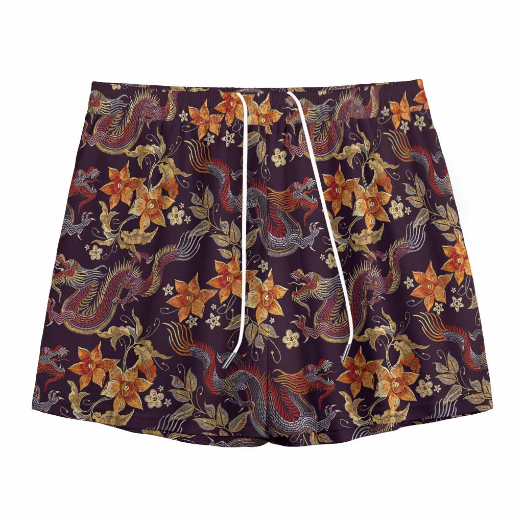 Vintage Dragon Flower Pattern Print Mesh Shorts