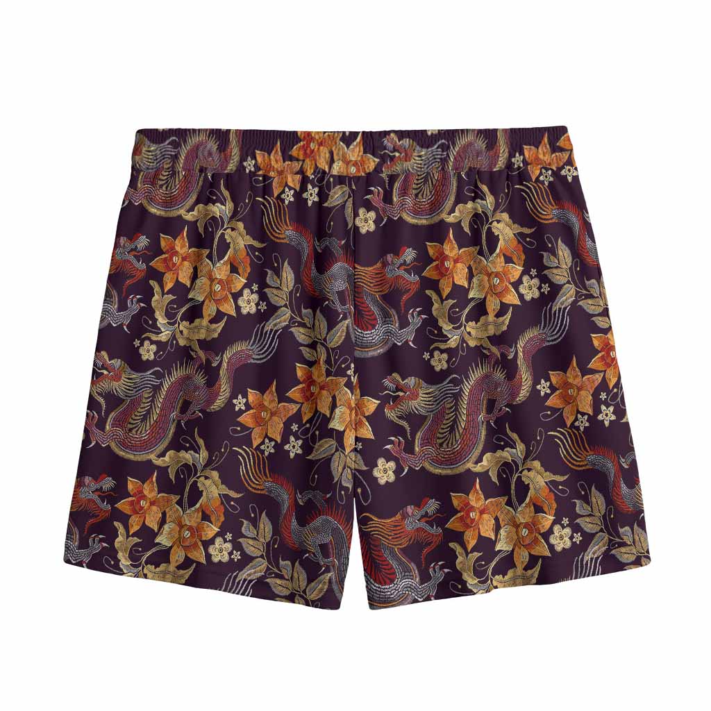 Vintage Dragon Flower Pattern Print Mesh Shorts